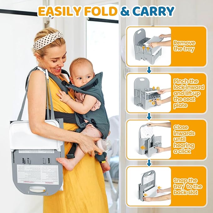 Orzbow Portable High Chair with Tray, Foldable Booster Seat for Travel Toddlers 6-36 Months, Baby Chair for Dining Table, Camping, Beach, Portable Booster Chair, Up to 33 lbs Baby, Grey