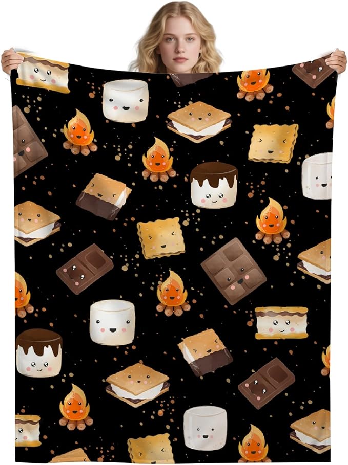 Cute S'Mores Blanket | Ultra Soft Marshmallow Cookie Throw Blanket Gifts for Boys Girls | Roasted Marshmallows Blanket Decor for Couch/Sofa/Travel/Camping All Seasons -50"x60"-Teens/Travel Size