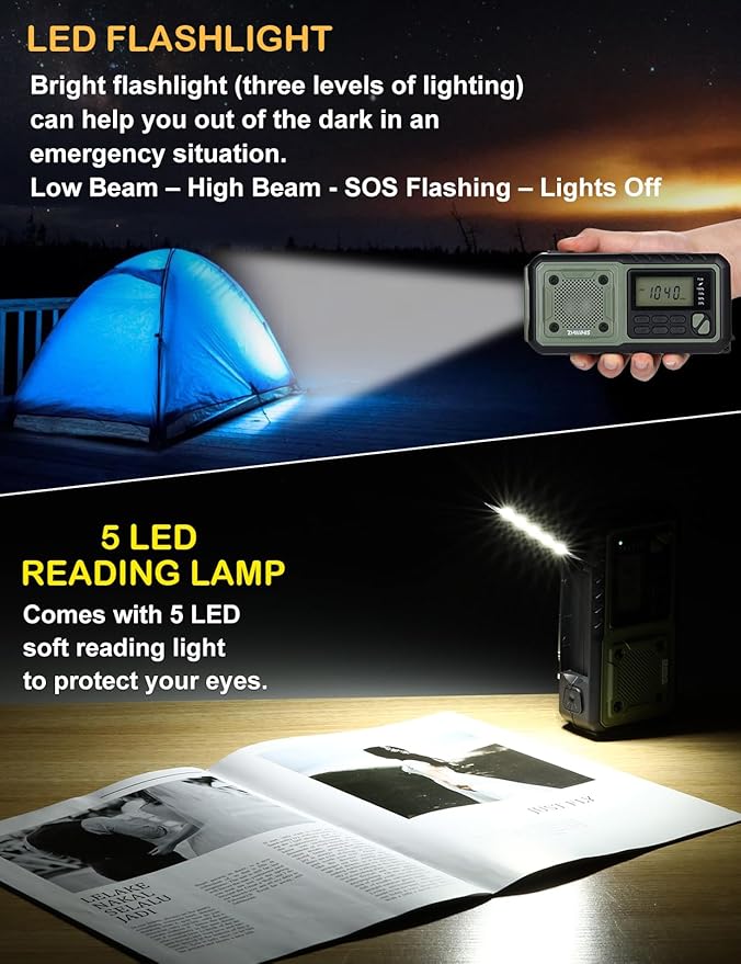ZHIWHIS Emergency Radio, NOAA Weather/AM/FM Portable Hand Crank Solar Radios with SOS Alarm, Battery Powered and Built-in 5000mAh Li-Battery, Flashlight/Reading Lamp/Alerts for Emergencies ZWS-376