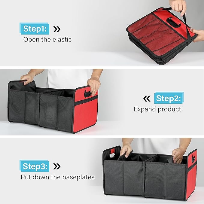 Simple Deluxe Car Trunk Organizer, Anti-slip Design, Made of Waterproof 600D Oxford Polyester, 2 Compartments Collapsible Trunk Storage, Suitable for SUV, 14" D x 22" W x 12" H, Red
