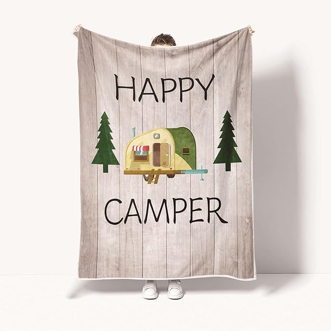 Camping Throw Blanket, Camping Gifts for Camper Outdoor Travel Trailer Blanket, Super Soft Comfy Fleece Flannel Throws Blankets for Couch Bed Sofa Living Room Bedroom Decor Beige 50x60 Inch