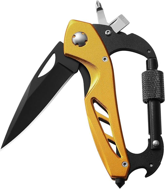 Stocking Stuffers Gifts for Men, Carabiner Multitool 6-in-1 EDC Carabiners Pocket Knife with Window Breaker, Bottle Opener and Screwdriver，Folding Knife for Camping Hiking（Gold）