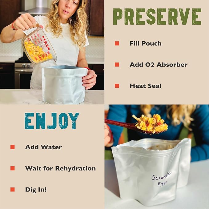 MRE Mylar Bags, 16 Mil Total Thickness, Stand-Up Resealable Pouches for Long-Term Food Storage, Freeze Dried Meals & Backpacking [50-Pack | 9" x 6.5" x 4.25"]
