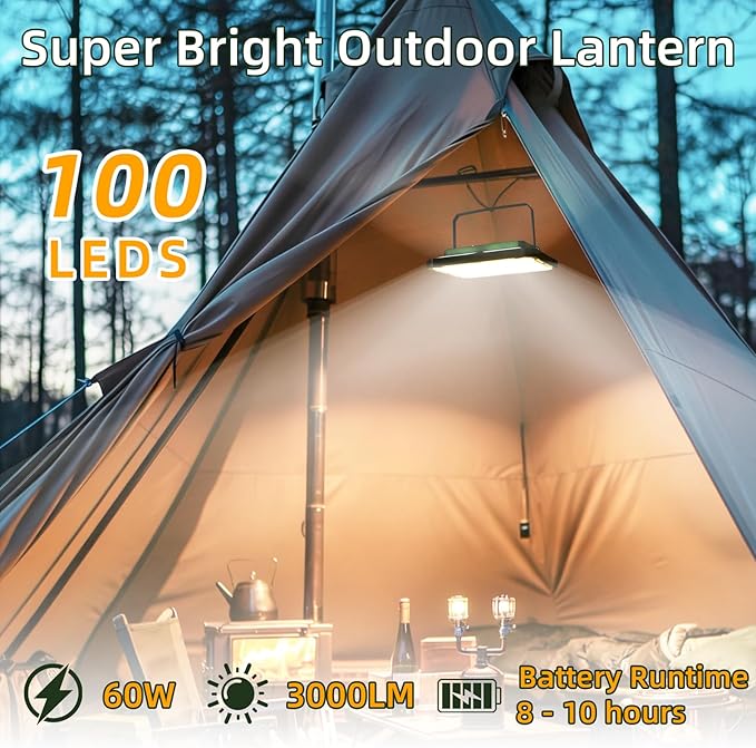 Camping Lantern Rechargeable Camping Lights 60W,3000LM, 6 Modes, Waterproof Camping Essentials with 5 Magnetic Bases, for Emergency, Power Outages, Tent, Hiking, Car Repair, Fishing