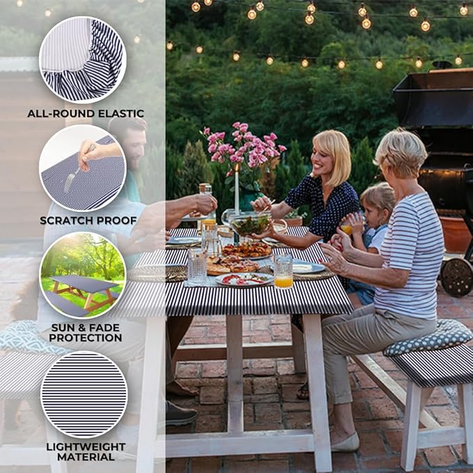 RNOONY 6ft Polyester Picnic Table Cover with Bench Covers Windproof & Waterproof Tablecloth, Perfect Camping Gifts RV Essentials, Cool Camping Gadgets, with Carrying Bag, 72x30 Inch 4Pcs,Blue Striped