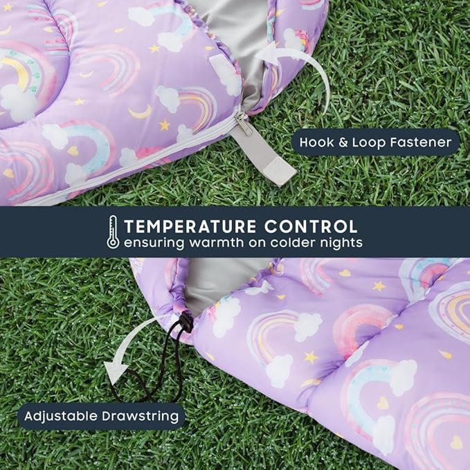 Wake In Cloud - Kids Sleeping Bag for Girls Toddlers, Camping in Warm Cold Weather, Backpacking Lightweight Compact Outdoor Liner for 3 Seasons, Rainbow Clouds