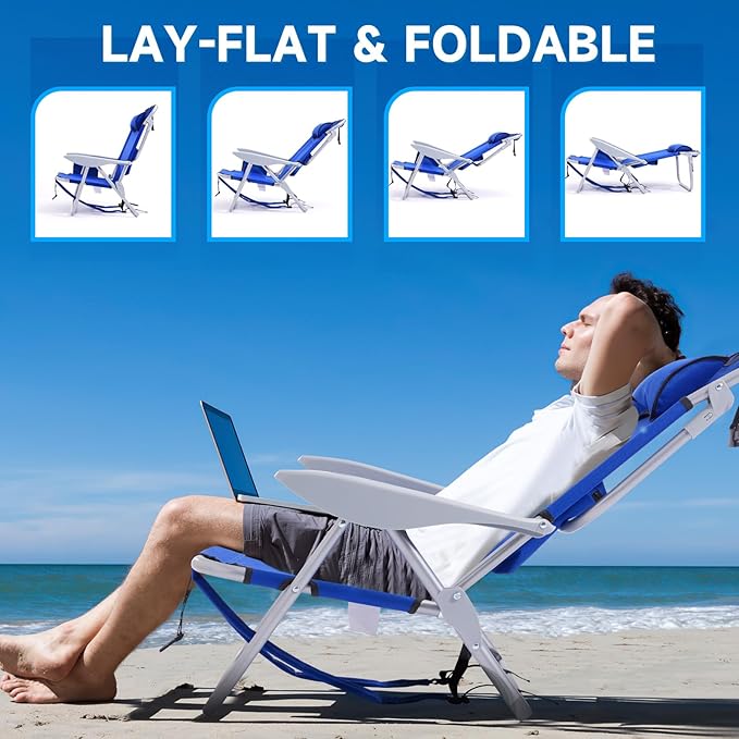 Portable Beach Chair for Adults, Outdoor Camping Chair Lay Flat Folding Backpack Beach Reclining Chair with 5 Positions, Headrest, Zipper Pouch, Cup Holder, Blue