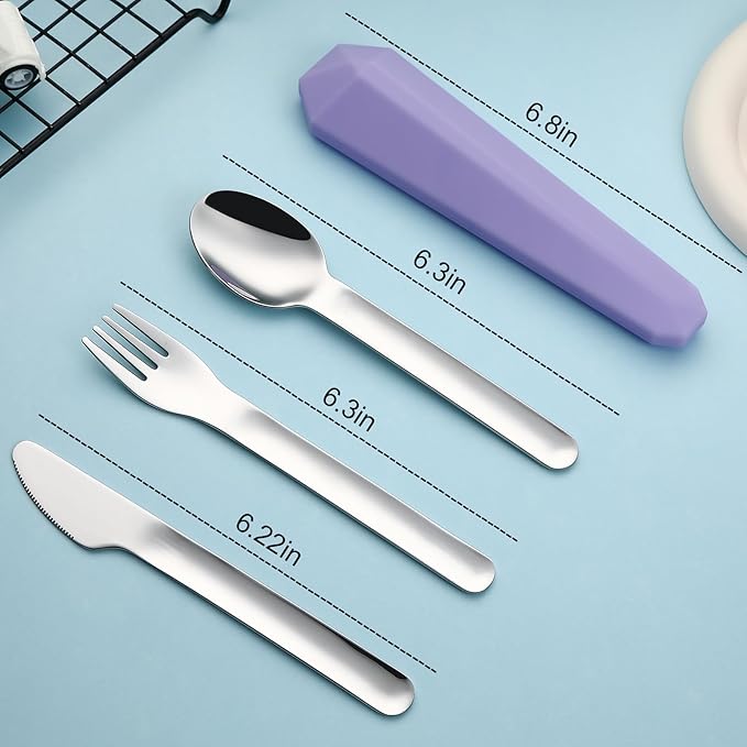 Utensils for Lunch Box Accessories, DEVICO Travel Silverware Set with Case, Camping Flatware Include 18/8 Stainless Steel Knife Fork and Spoon Set, Reusable Portable Cutlery Set for School (Purple)