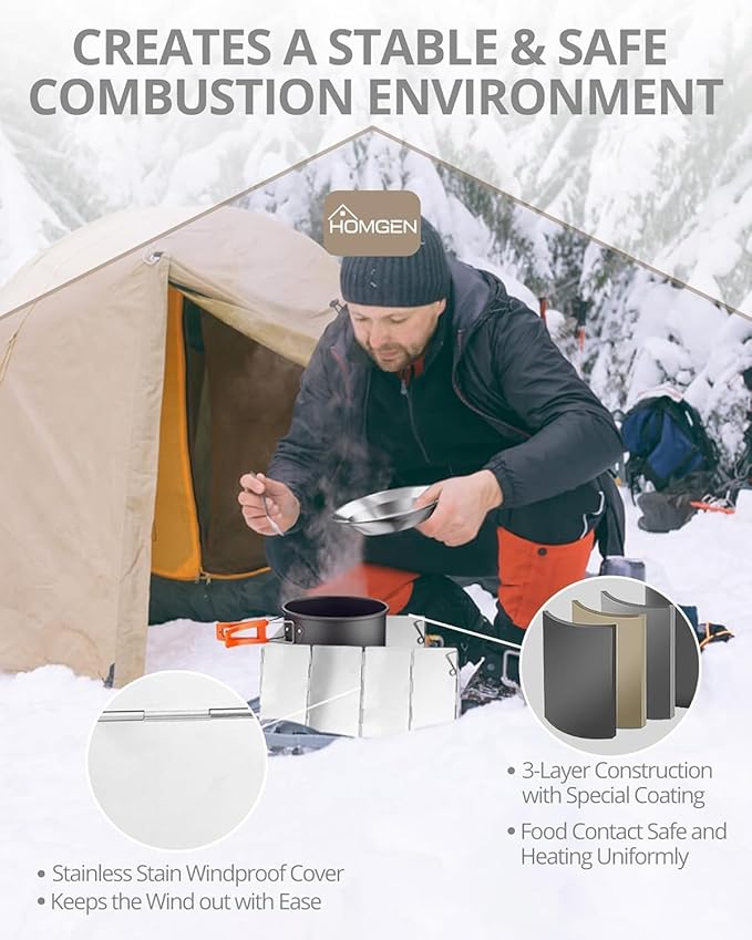 HOMGEN Portable Camping Cooking Set with Folding Windscreen-Lightweight Aluminum Camp Pots and Pan-800ml Teapot- 2 Cups & Plates- Complete Camping Mess Kit for Hiking Picnic Camping RV Trevel Trip