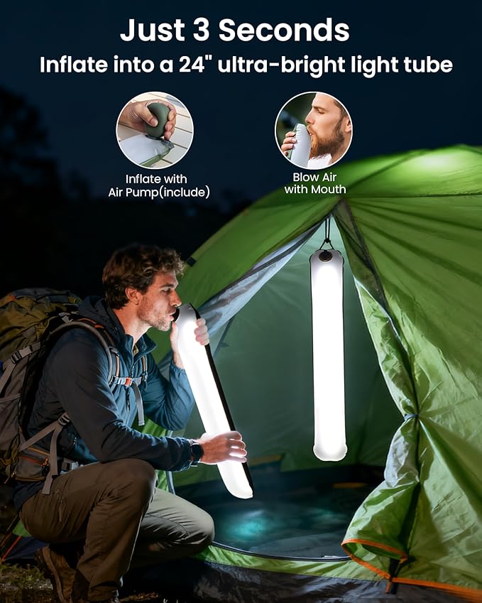 24" Inflatable Solar Camping Lantern, Magnetic LED Tube Light with USB-C 2000mAh Power Bank, IP66 Waterproof TPU Tent Light for Hurricane Emergency, Backpacking & Off-Grid Survival (Black)