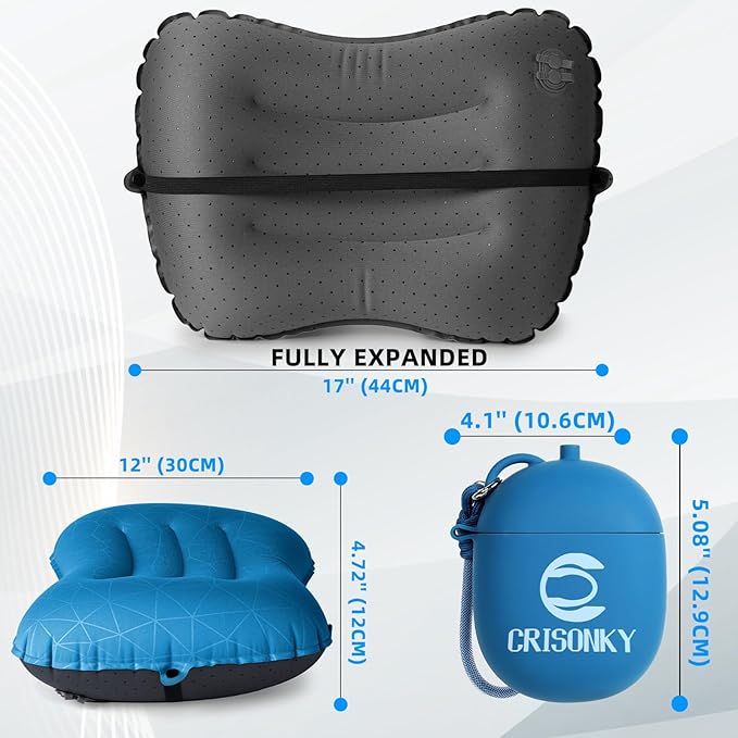 Crisonky Camping Inflatable Pillow with 2-in-1 Silicone Air Pump Storage Bag – Ultralight Travel Pillow for Airplane, Lumbar Support, Dual Valve Easy Inflate, Compressible Ergonomic (Navy Blue)