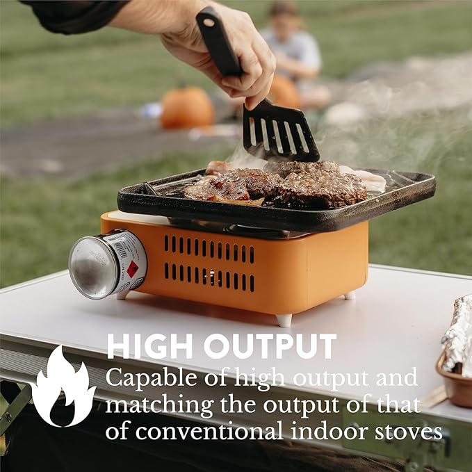 Gas One Butane Fuel Camp Stove – Crate Series - Mini Stove for Camping, Hiking – Portable Gas Stove with Spiral Flame – Even Heat Distribution – Modern and Easy to Use (Orange)