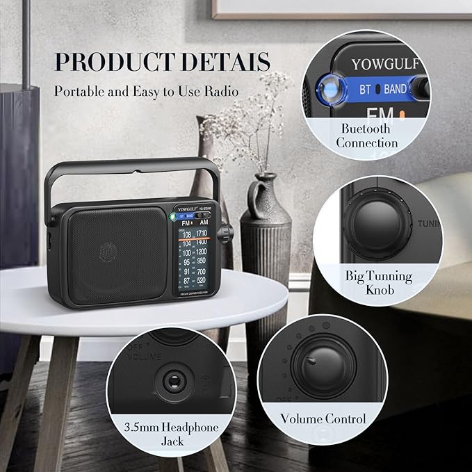 AM FM Radio with Best Reception,Bluetooth Portable AM FM Transistor,Battery Operated Radio or AC Power,Large Dial,Headphone Jack, Gifts for Seniors Elderly