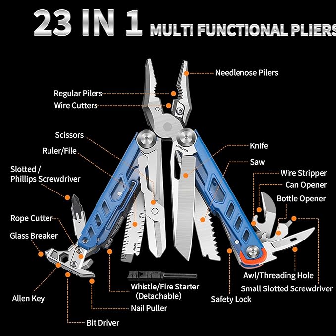23-in-1 Multitool Pliers with Scissors, Wire Cutters, Window Breaker, Flint, Saw Screwdrivers Bottle Opener,High-carbon Steel Multi Tool with Carrying Pouch Ideal for Camping Survival and Gift