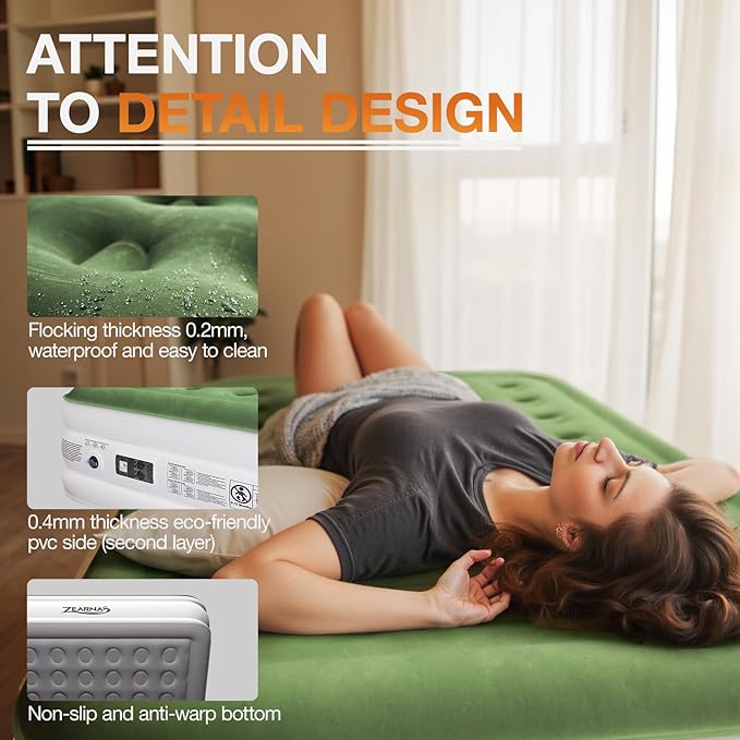 Zearna Air Mattress Queen with Built in Pump, Inflatable Mattress Blow Up Mattress 16 Raised Comfort,Upgraded Surface Portable Bed, Air Bed for Home, Guest, Camping, Colchone Inflable, 650 lbs