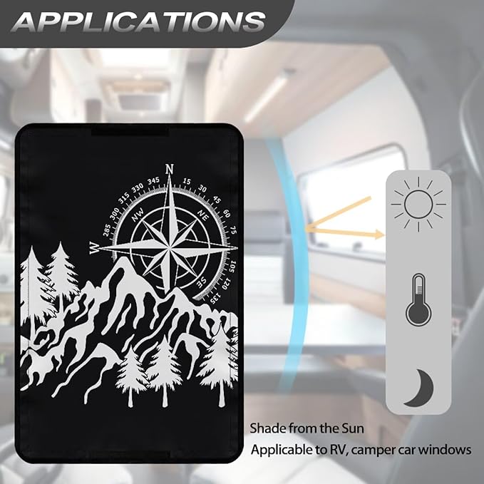 RV Door Window Shade Cover, Compass Mountain Print Privacy Screen Door Curtains for Camper Door Easy to Install for Travel Trailer