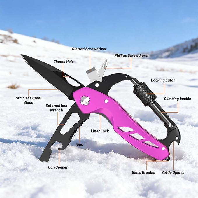 9 in 1 Multitool Carabiner Pocket Knife for Women, EDC Carabiner with Bottle Opener, Window Breaker and Screwdriver, Survival Gear for Camping Hiking,Stocking Stuffers Gifts for Women and Her(Pink)