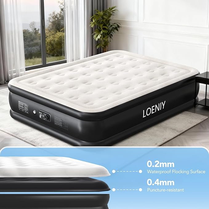 Queen Air Mattress with Built in Pump, 18” High Inflatable Mattress with Storage Bag, 3 Mins Easy Inflation/Deflation, 800lbs Heavy Duty Blow up Mattress, Flocked Top Air Bed for Home & Guests