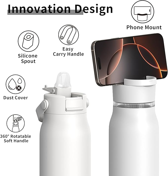 LISI 30oz Insulated Water Bottle, Double Wall Stainless Steel Water Bottles with Straw, 100% Leak-Proof Travel Thermal Canteen Mug with 2 Lids (Straw, Phone Holder Lid)