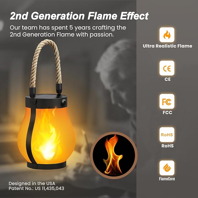 Hompavo Gen2 Solar Lanterns Outdoor with Ultra-Real Flame, Dual Charging (USB/Solar) & 2 Mode - Waterproof Decorative Hanging/Table Lights for Yard Patio Garden Birthday Mothers Day Gifts for Women, 2