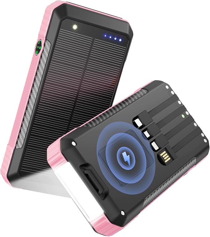Solar Power Bank 33800mAh with Super Bright LED Flashlight, Built-in 4 Cables & Wireless Charging, Portable Charger with Compass, 7 Outputs & 4 Inputs for Camping/Hiking