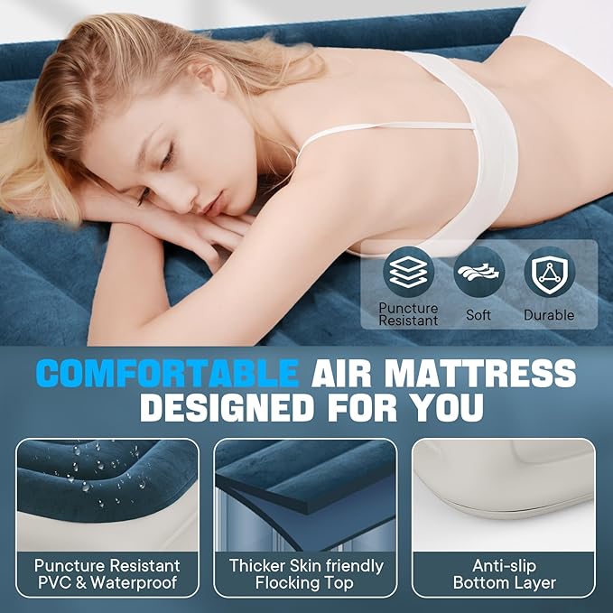 VOSSER Queen Air Mattress with Built-in Pump,Fast & Easy Inflation/Deflation Inflatable Mattress, Foldable Blow Up Mattress with Storage Bag, Inflatable Bed for Home, Camping & Guests