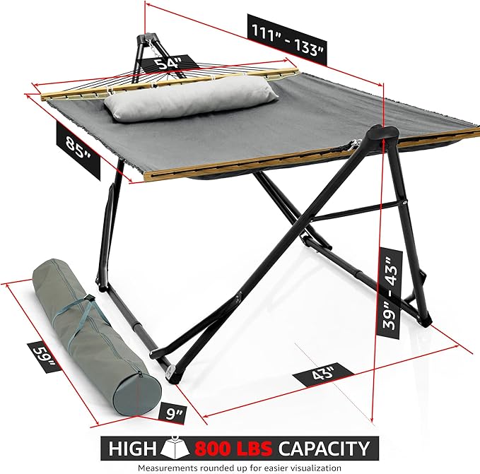 Tranquillo Unity Hammocks, Spacious and Comfortable Hammock Stand for 2, 800 lbs Capacity Steel Frame, Pre-Assembled with 30-Second Tool-Free Setup, No Screws Needed, Ideal for Indoor & Outdoor, Grey