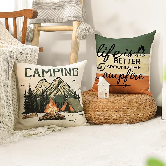 AVOIN colorlife Life is Better Around The Campfire Throw Pillow Covers 18x18 Inch Set of 4, Camping Let's Sleep Under The Stars Saying Cusion Case Decoration for Sofa Couch