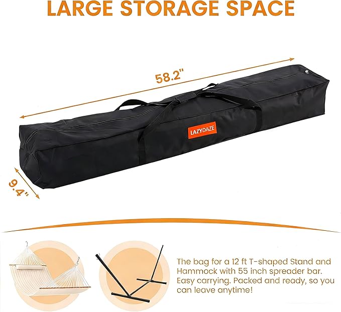 Lazy Daze Hammocks Extra Large Heavy Duty Hammock Storage Bag, 58.2''L x 9.4''W 600D Waterproof Oxford Fabric Bag for Hammock and 12 FT Stand, Portable Carrying Bag with Zippers & Handles, Black