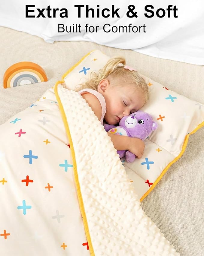 Primlect Thickened Toddler Nap Mat with Removable Pillow and Minky Blanket, Extra Large 55''x35'' Sleeping Bag, Washable, Roll up, Perfect for Daycare, Preschool, Kindergarten, Boys and Girls Beige