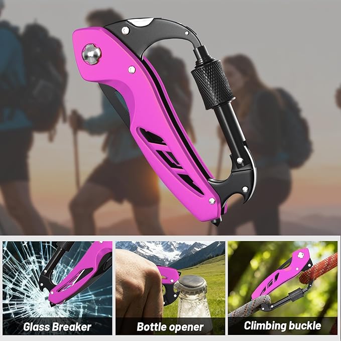 9 in 1 Multitool Carabiner Pocket Knife for Women, EDC Carabiner with Bottle Opener, Window Breaker and Screwdriver, Survival Gear for Camping Hiking,Stocking Stuffers Gifts for Women and Her(Pink)