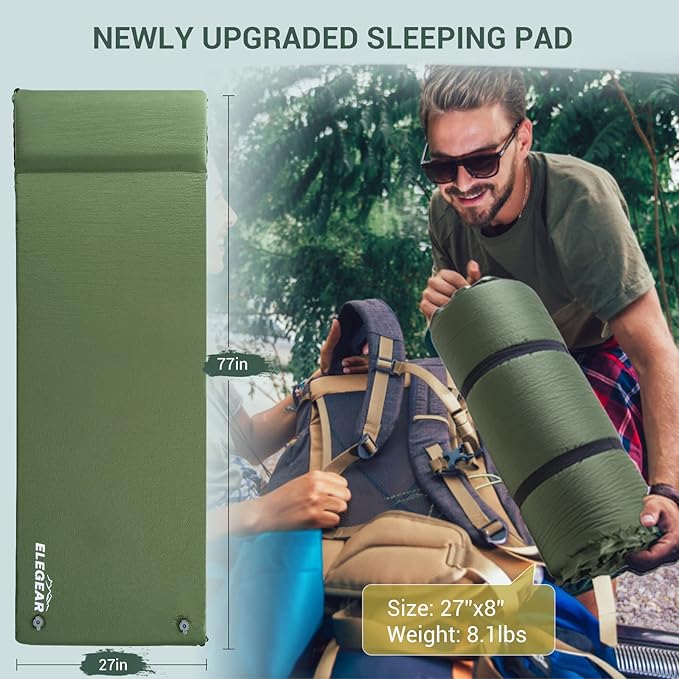 Elegear CumbreX™ Self Inflating Sleeping Pad, 3.15" Ultra-Thick Memory Foam Camping Pad with Pillow Fast Inflating in 20s Insulated Camping Mattress Pad 4-Season Camp Sleeping Mat for Camp/Travel/Tent