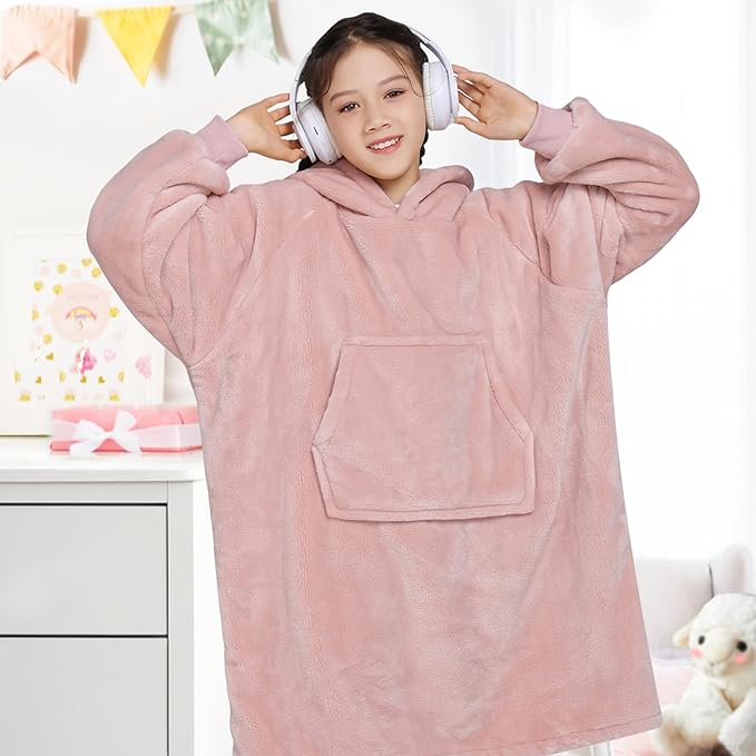 Waitu Wearable Blanket for Kids, Wearable Blanket Hoodie for Teens Girls Boys, Warm Blanket Sweatshirt Gift for Teenage, Hoodie Blanket with Sleeves and Giant Pocket - Pink