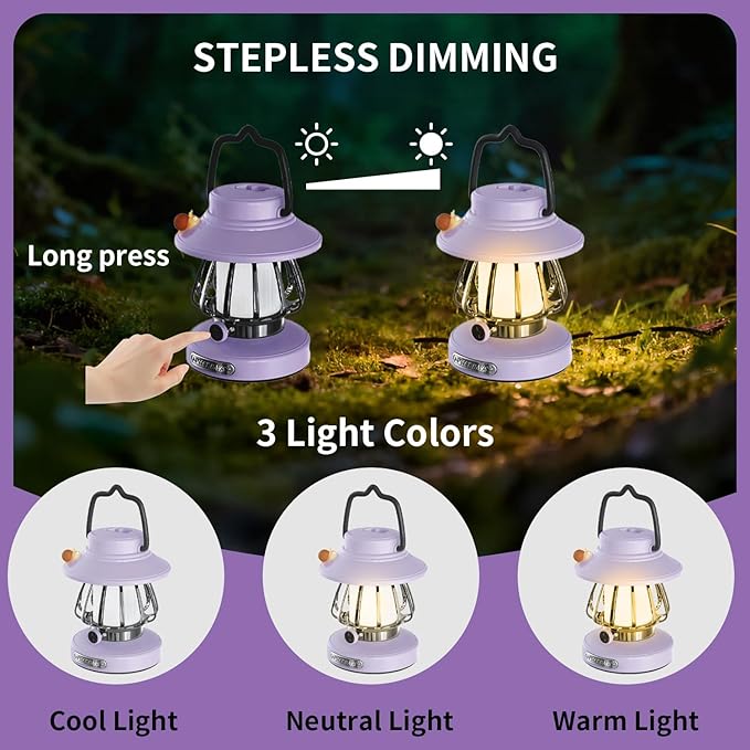Kids Lantern with 3 Color Dimmable & USB-C Charging, Kids Nightlights for Bedroom, Indoor Outdoor Adventures & Emergency Use Toddler Flashlight Sky Lanterns Camping Essentials for Girl (Purple)