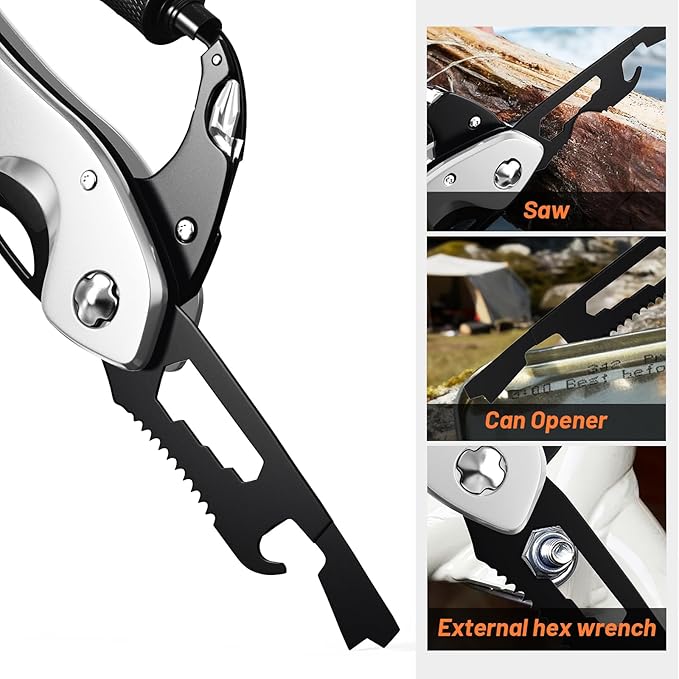 Carabiner Multitool 9-in-1 EDC Pocket Knife, Hexwrench, Saw, Screwdriver, Bottle Opener, Breaker, Survival Gear for Camping Climbing, Gifts for Men Women, Stocking Stuffers (Silver)