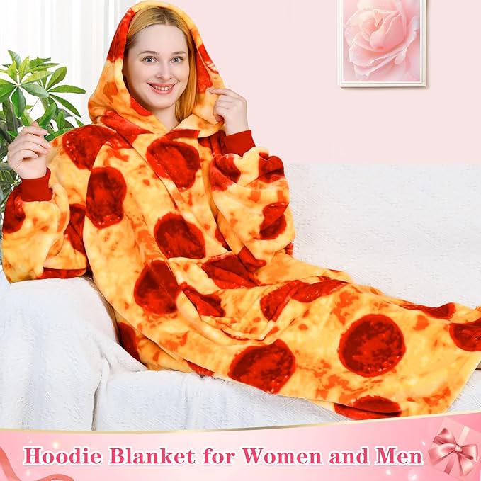 Waitu Wearable Blanket Sweatshirt Gifts for Women and Men, Warm and Cozy Giant Blanket Hoodie, Thick Flannel Blanket with Sleeves and Giant Pocket - Pizzas Red