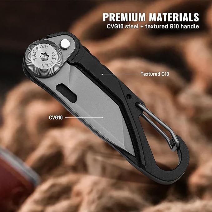 TACRAY Vinto 5-in-1 Small Pocket Knife – Ultra-Light Compact Multitool with Utility Knife, Seatbelt Cutter, Bottle Opener, Flathead Screwdriver & Keyring Attachment for Everyday Carry (Black)