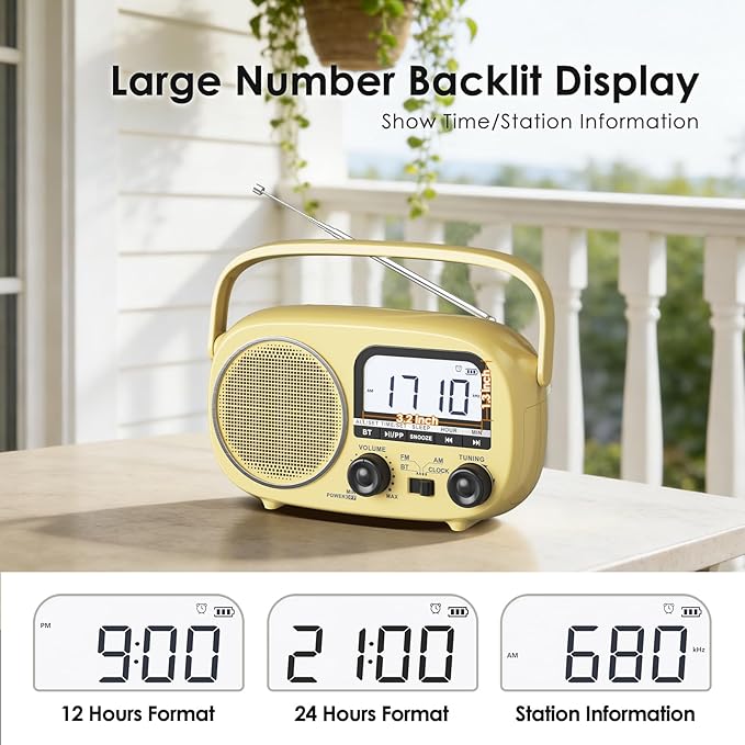 Portable Radio AM FM with Bluetooth,Built-in Rechargeable Battery/Plug in Wall/4*D Cell Battery Operated, Digital Time Display, Transistor Radio for Home,Outdoor,Gift,Seniors (Yellow)