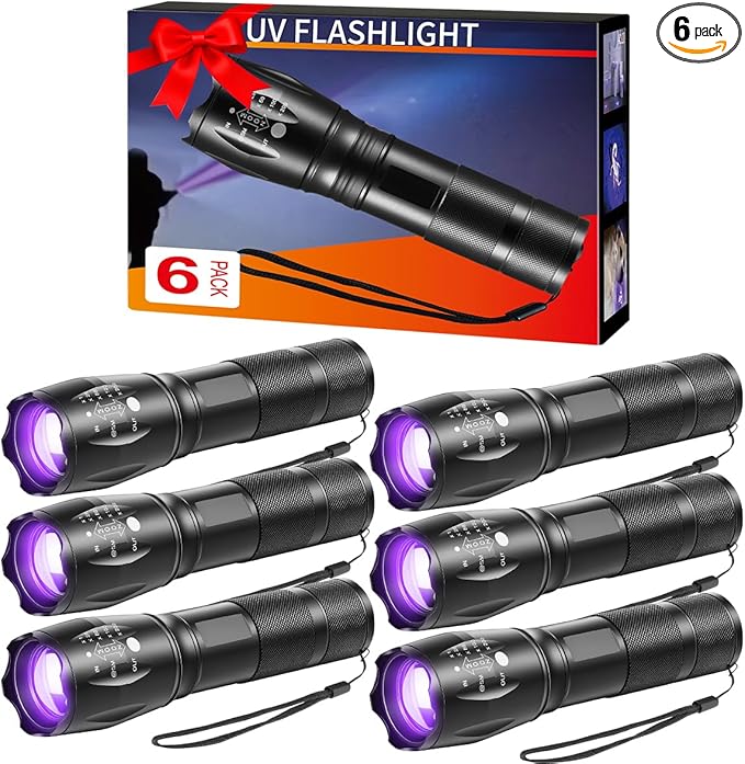 6Pack Small UV Flashlight Black Light, 395nm UV Light Flashlights, Portable LED Blacklight Flashlight, Mini Black Lights Detector for Dog/Cat/Pet Urine, Rocks, Bed Bug, Resin Curing, Scorpions Finder