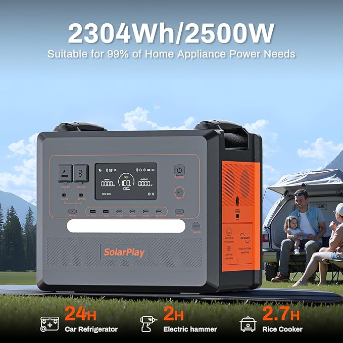 SolarPlay 2500W Portable Power Station, 2304Wh Large Capacity Solar Generator, BMS Emergency Power Station for Home Backup, Camping, Outdoor Battery Backup