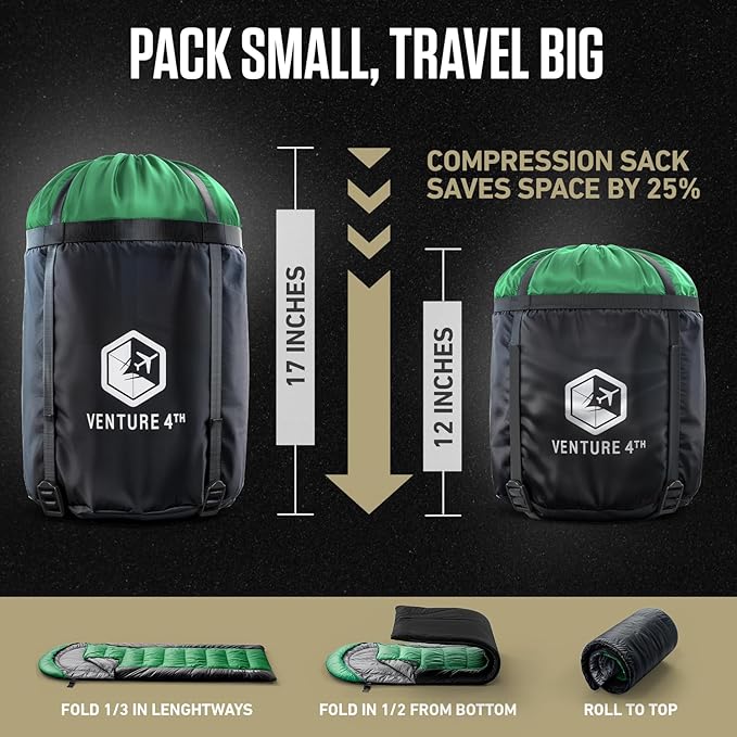VENTURE 4TH Backpacking Sleeping Bag – XXL, Double and Single Sizes - Lightweight Warm & Cold Weather Sleeping Bags for Adults, Kids & Couples – Ideal for Hiking, Camping & Outdoor Adventures
