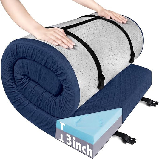 Memory Foam Camping Mattress Pad 3 Inch Thick, Portable Sleeping Pad with Waterproof Cover, Portable Roll Up Cot Mattress Pad Floor Mat for Travel Truck Bed Tent 72" x 24"x 3"