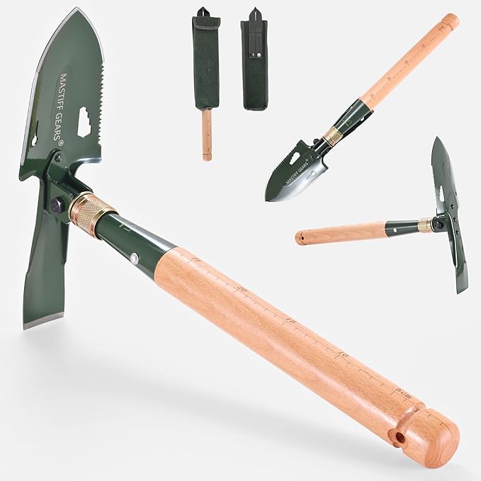 MASTIFF GEARS Military-Grade 2-in-1 Camping Shovel & Hoe - 1050 Steel, Foldable Wooden Handle, Metal Detecting Optimized, Canadian Designed & Tested, MOLLE Canvas Sheath | Limited