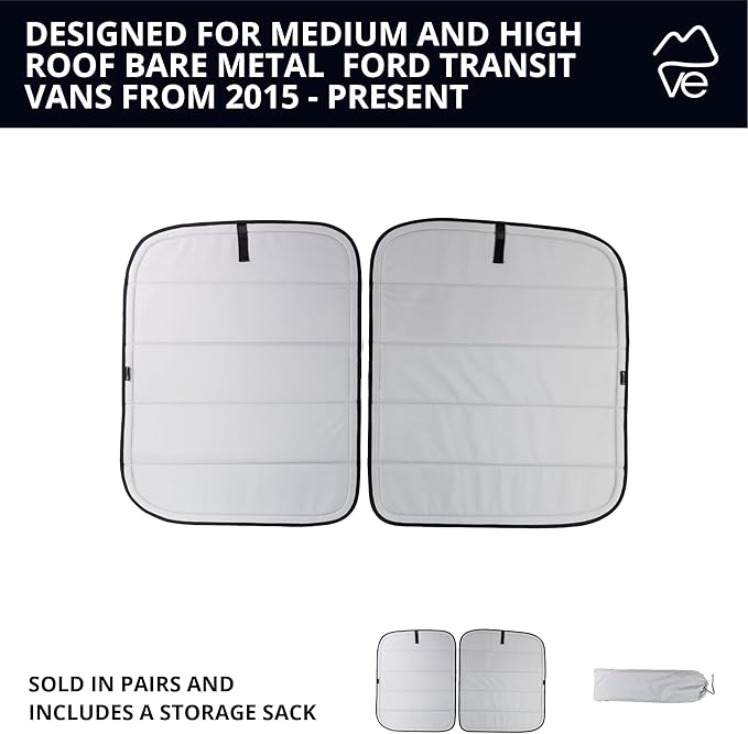 VanEssential Insulated Blackout Rear Door Window Covers Designed for Ford Transit Van High and Medium Roof Year 2015 to Current with NO Plastic Trim (Pair) - Cool Gray
