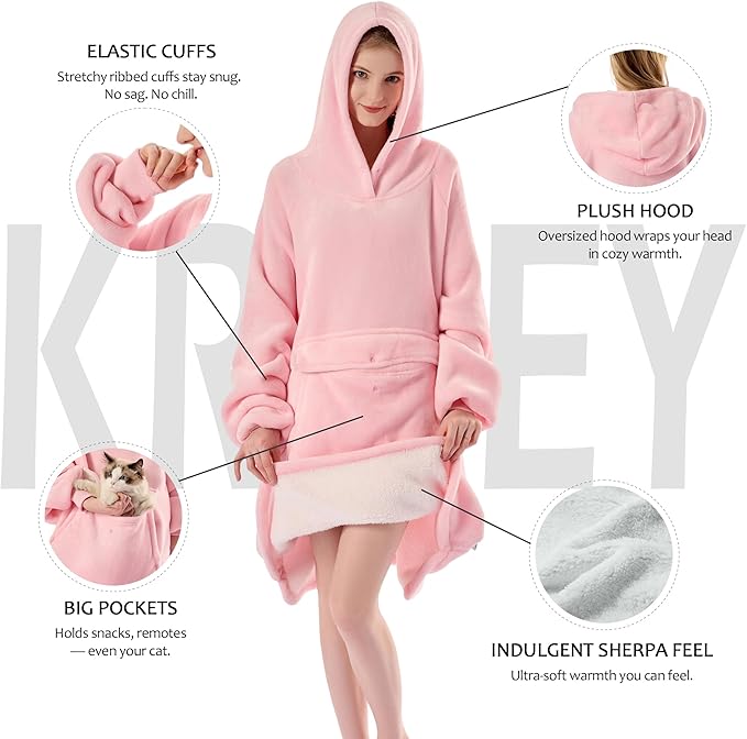 Krifey Wearable Blanket Hoodie, Oversized Sherpa Fleece Sweatshirt with Giant Pocket, Birthday Gifts for Women, Mom, Sister, Pink