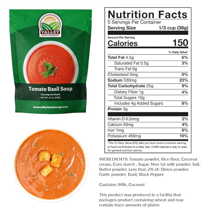 Valley Food Storage Tomato Basil Soup | 10-Bag Bucket, 50 Servings | Premium Emergency Food Supply with 25 Year Shelf Life | Survival Meal Kits, Prepper Food, Camping & Off-Grid Living Supplies | Packaged in USA
