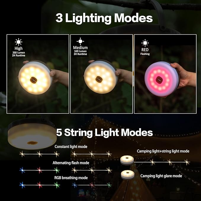 Solar Camping String Lights, 4 in 1 Outdoor Camping Lantern with 8 Lighting Modes(72.2Ft), Quick 30s Recovery, Waterproof, Type-C Fast Charging, Portable Camping Lights for Camping/Yard/Hiking