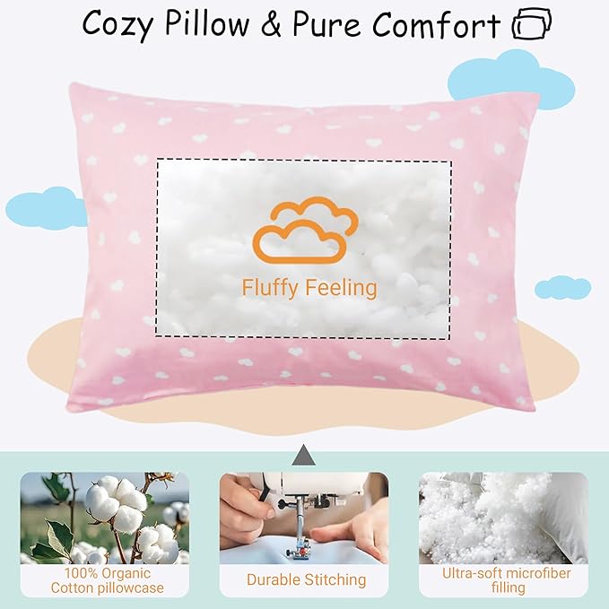 ZPECC Toddler Pillow with Pillowcase 2 Pack - 13x18 Organic Cotton Hypoallergenic Kids Pillow, Baby Essentials for Travel Crib Daycare Stroller (Intended for Age 2 and up) Love
