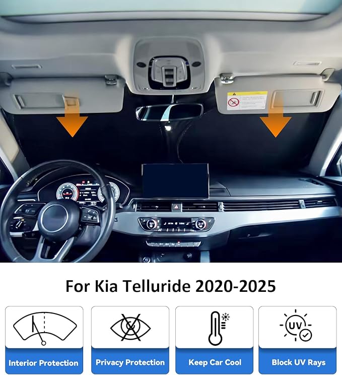 Windshield Sun Shade for Kia Telluride 2020-2025 Accessories, Car Front Window Sun Visor & Heat Shield | 240T Sunshade Protection Blocks UV Rays Keep Your Car Cooler