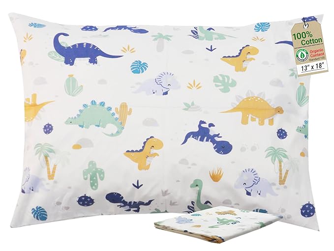 ZPECC Toddler Pillow with Pillowcase - 13x18 Organic Cotton Hypoallergenic Kids Pillow, Baby Essentials for Travel Crib Daycare Stroller (Intended for Age 2 and up) Dinosaur